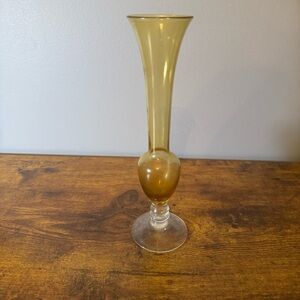 Vintage Amber Art Glass Trumpet Bud Vase Mid Century Hand Blown